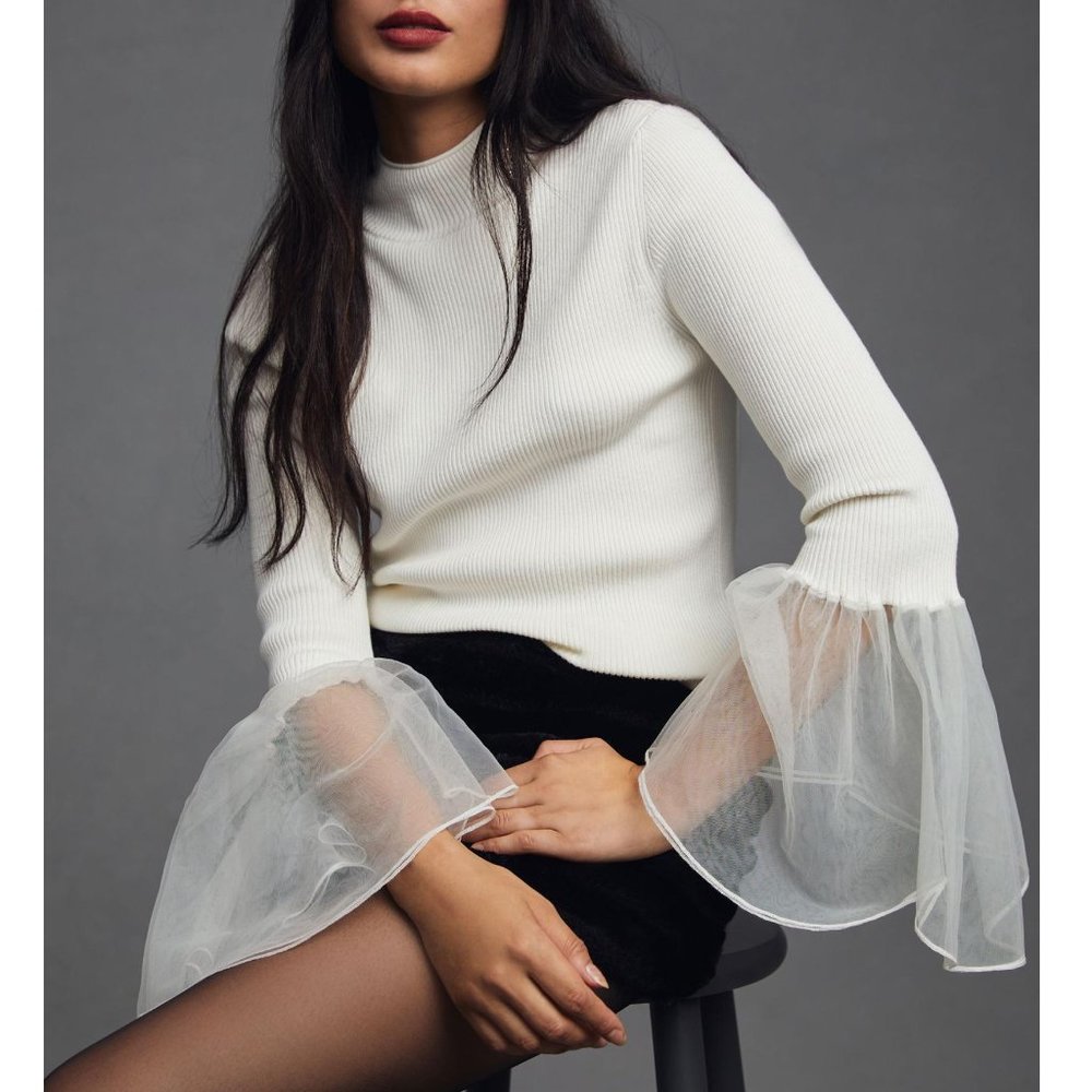 NWOT 💛 By Anthropologie Tulle-Cuffed Sweater Ivory White - Small